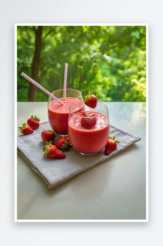 夏日饮品草莓水果冰沙玻璃杯放桌子上以绿树
