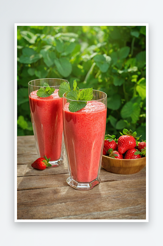 夏日花园木桌上放着两杯草莓冰沙配上薄荷叶