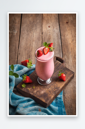 夏季草莓奶昔质朴木制背景新鲜自制草莓冰沙