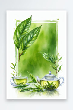 水彩手绘绿茶茶叶肌理插画