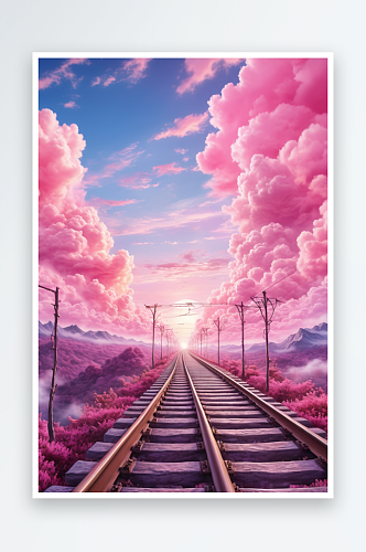 水彩风格粉色梦幻天空幻想铁路插画