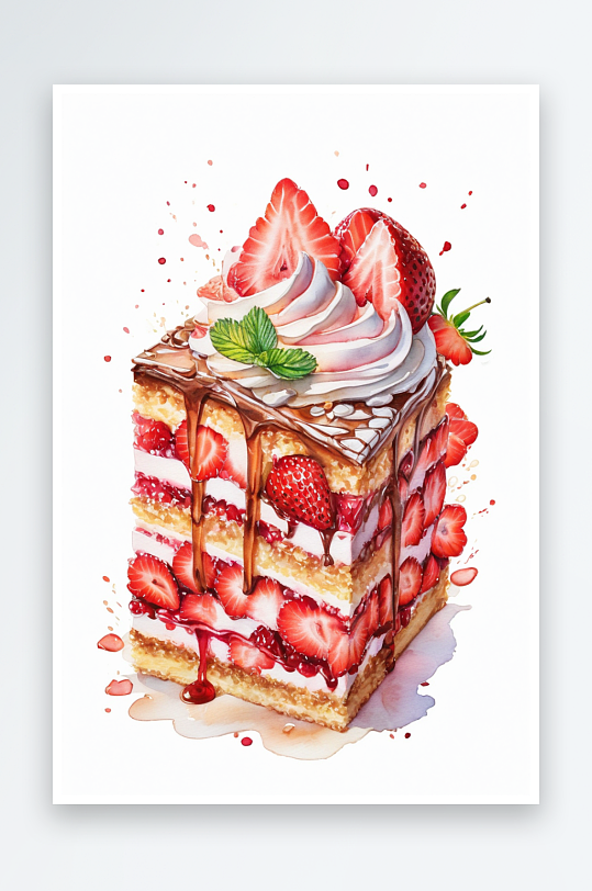 手绘水彩甜品千层酥草莓蛋糕素材元素插画
