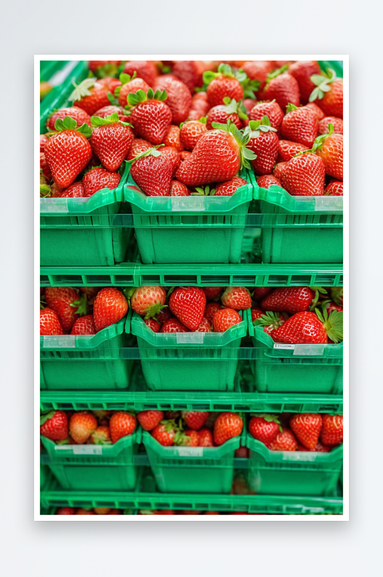 食品店货架上一箱箱新鲜成熟草莓