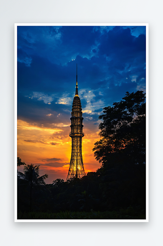 日落时分马来西亚电塔低角度剪影映衬天空