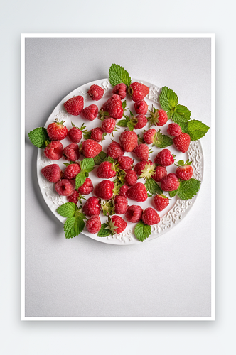 切好草莓覆盆子薄荷叶放白色盘子上背景是纯