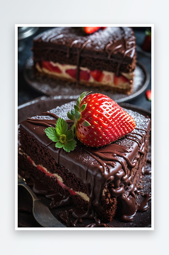 巧克力蛋糕上新鲜草莓