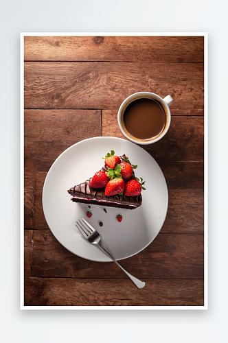 木桌子上巧克力蛋糕草莓蛋糕咖啡