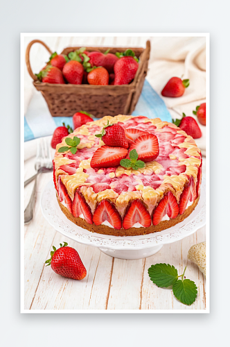 木质背景上法式草莓蛋糕