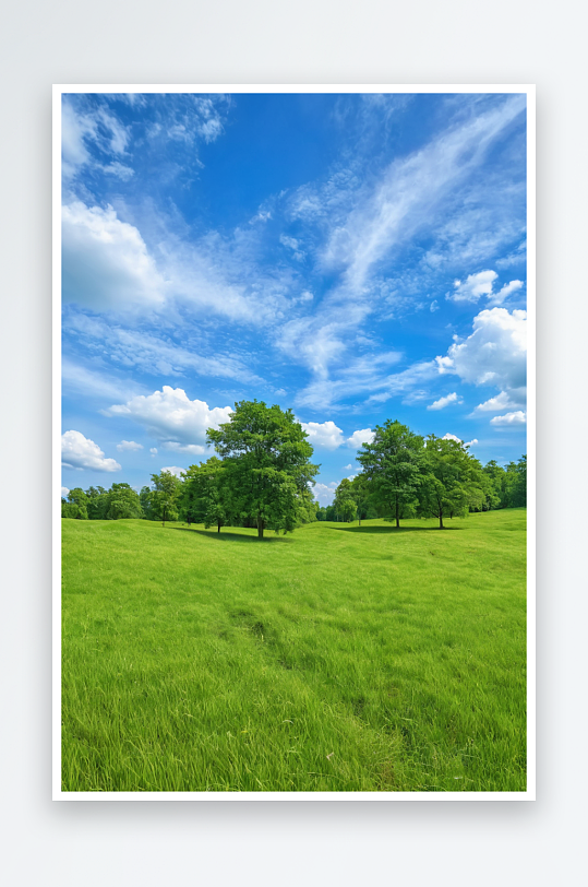 美丽风景绿色草蓝色云天空夏天晴朗日子森林