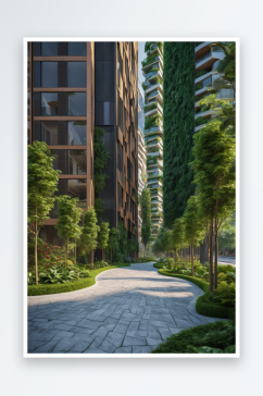 绿色步道以绿色树木植物点缀现代城住宅景观