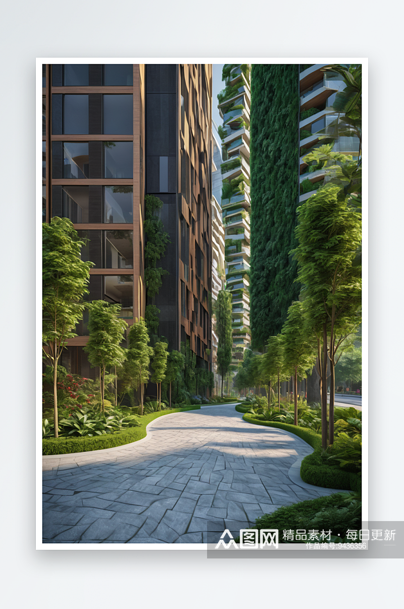 绿色步道以绿色树木植物点缀现代城住宅景观素材