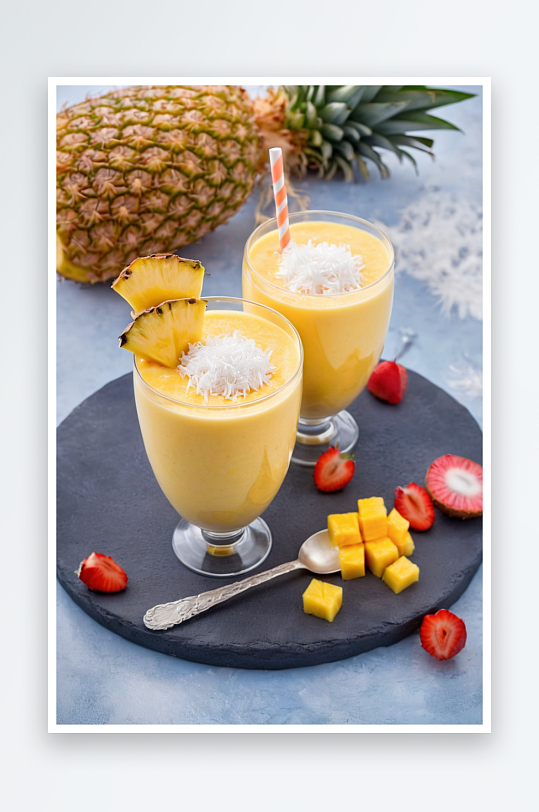 两杯热带冰沙菠萝果椰奶椰子片
