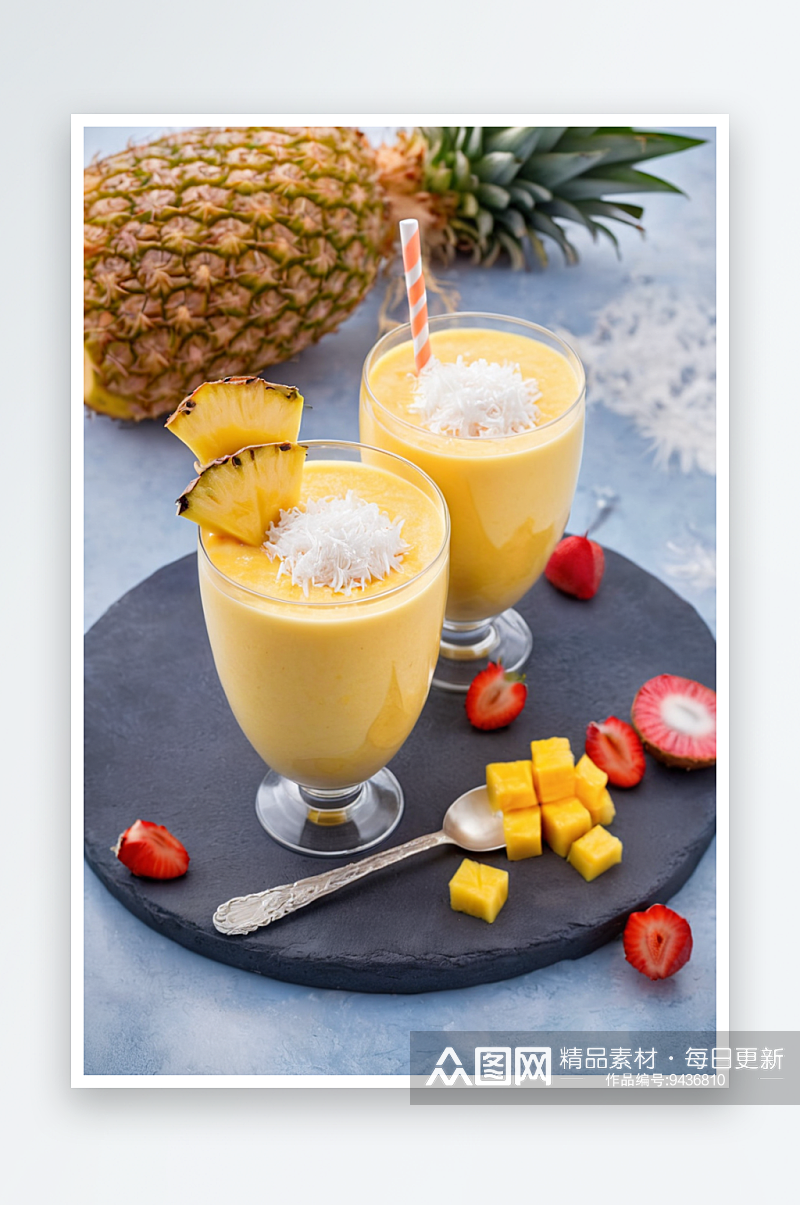 两杯热带冰沙菠萝果椰奶椰子片素材