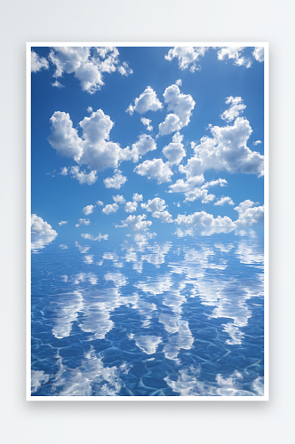 蓝蓝天空小高云倒映水面上景观
