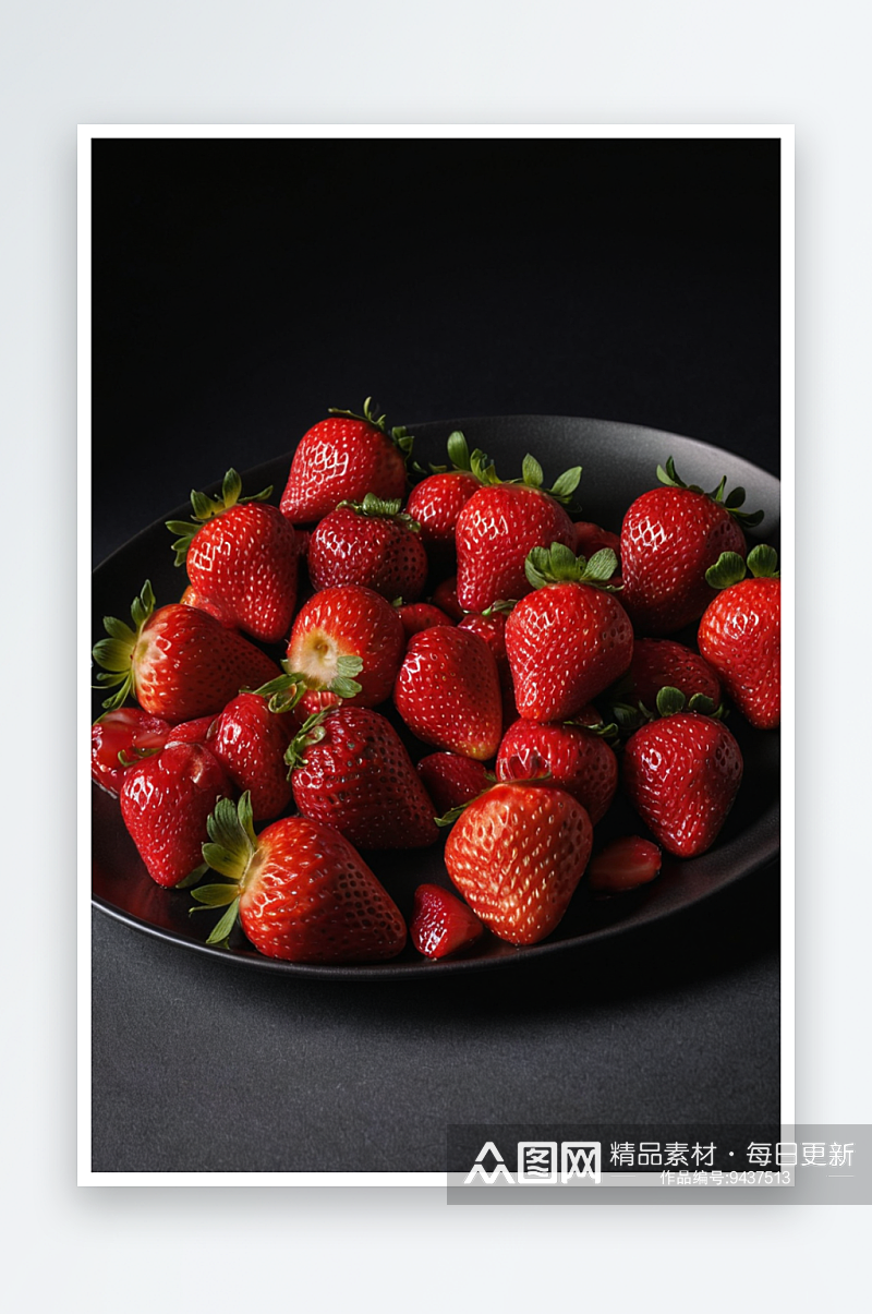 近景草莓盘子上黑色背景素材