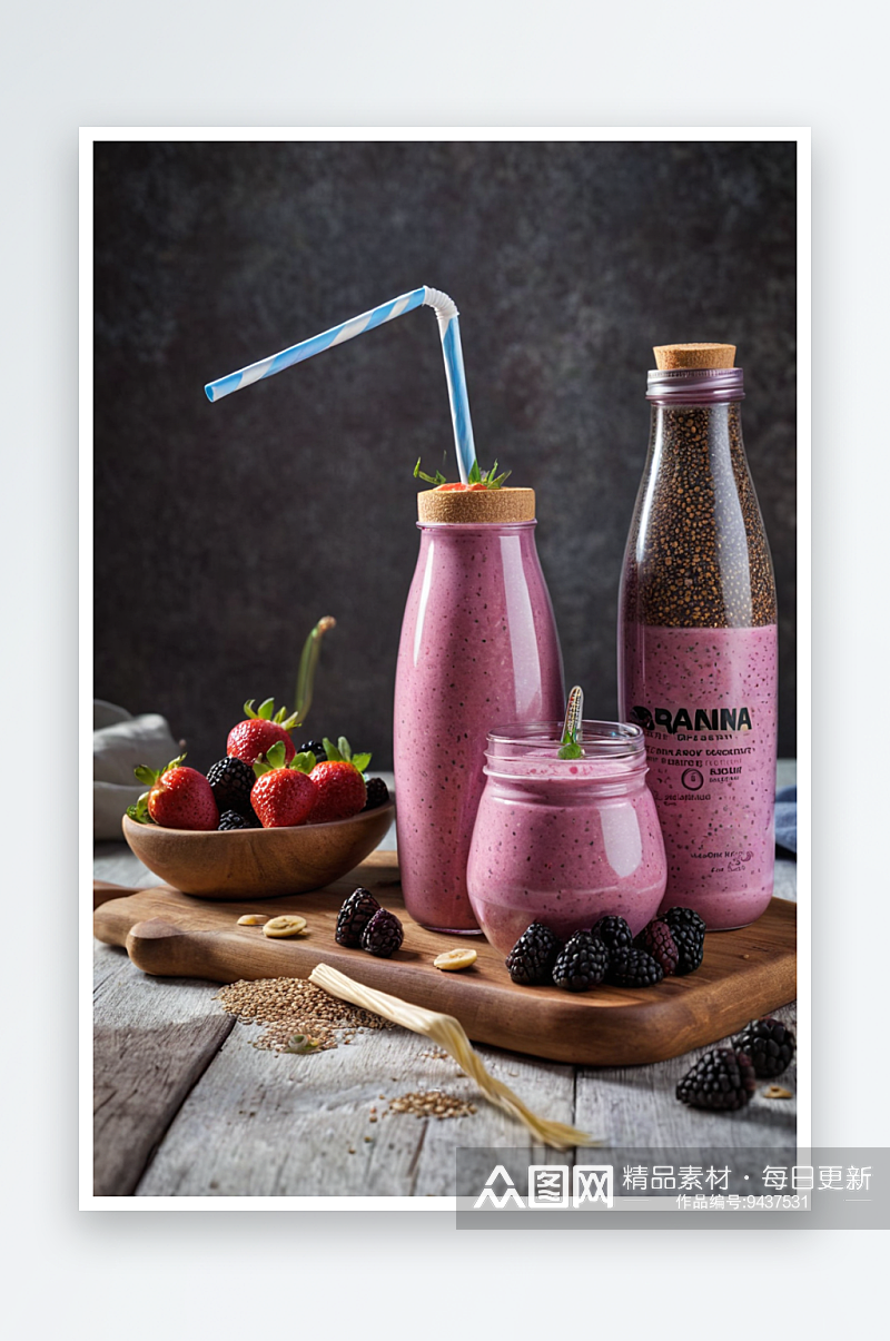 健康食品香蕉黑莓草莓酸奶冰沙谷物奇亚瓶用素材