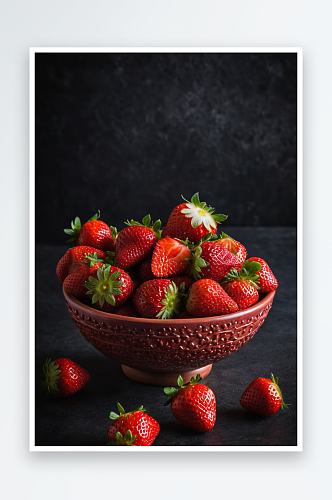 红色成熟草莓黑暗背景碗里新鲜草莓