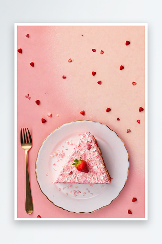 粉红色盘子粉红色表面草莓蛋糕片俯视图