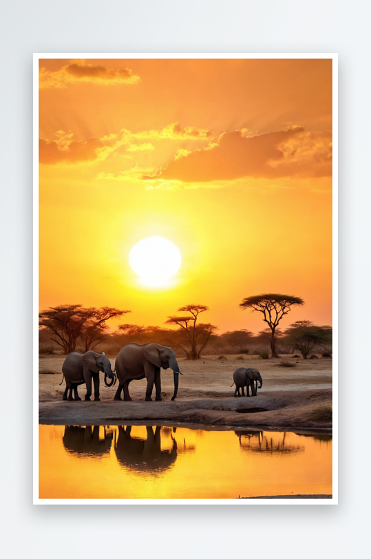 非洲象群家庭喝野生动物大落