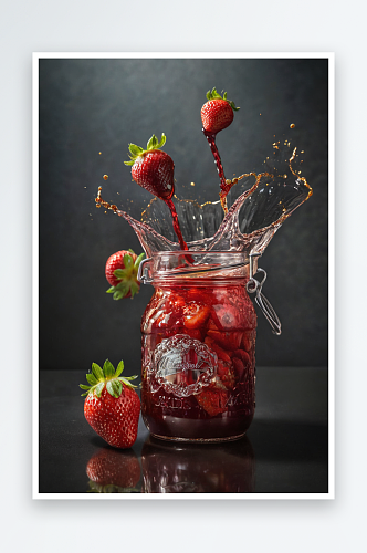 飞草莓草莓酱玻璃罐中飞溅