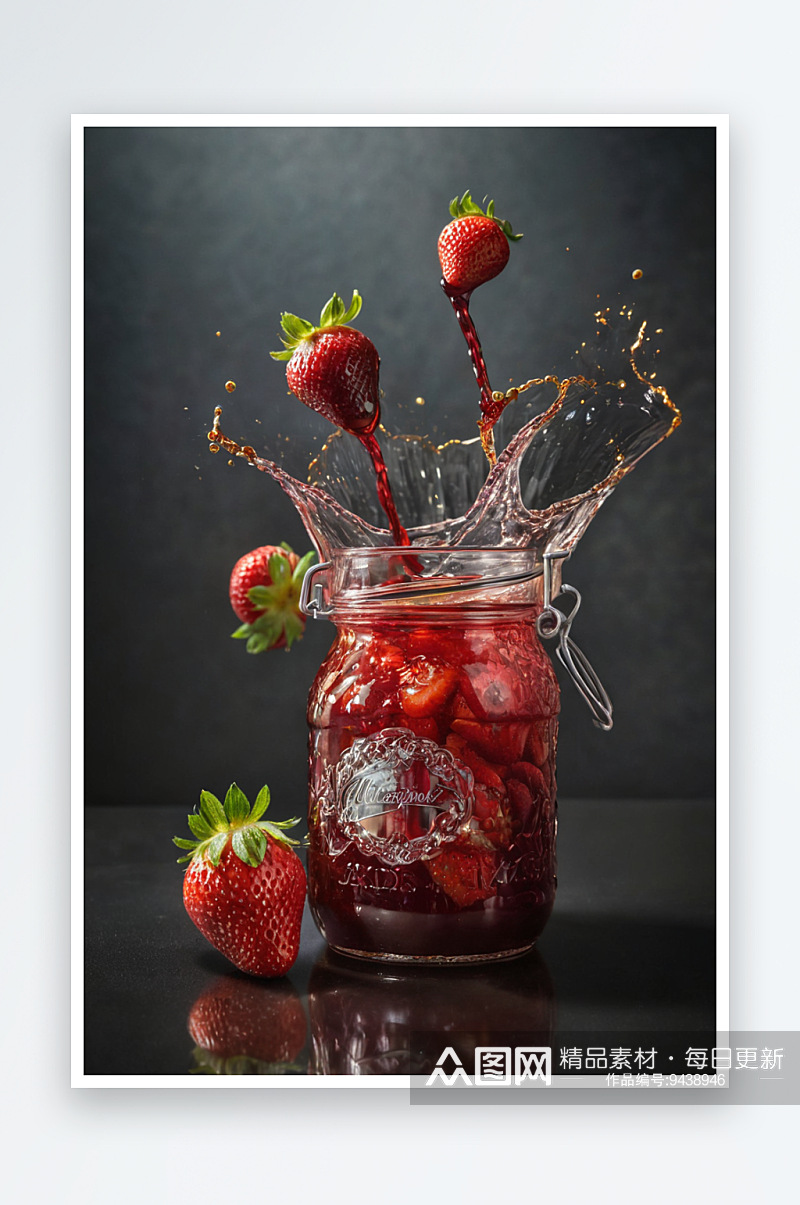 飞草莓草莓酱玻璃罐中飞溅素材