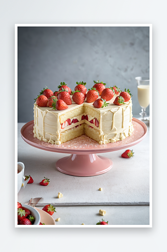 蛋糕架上放着一个白巧克力草莓蛋糕
