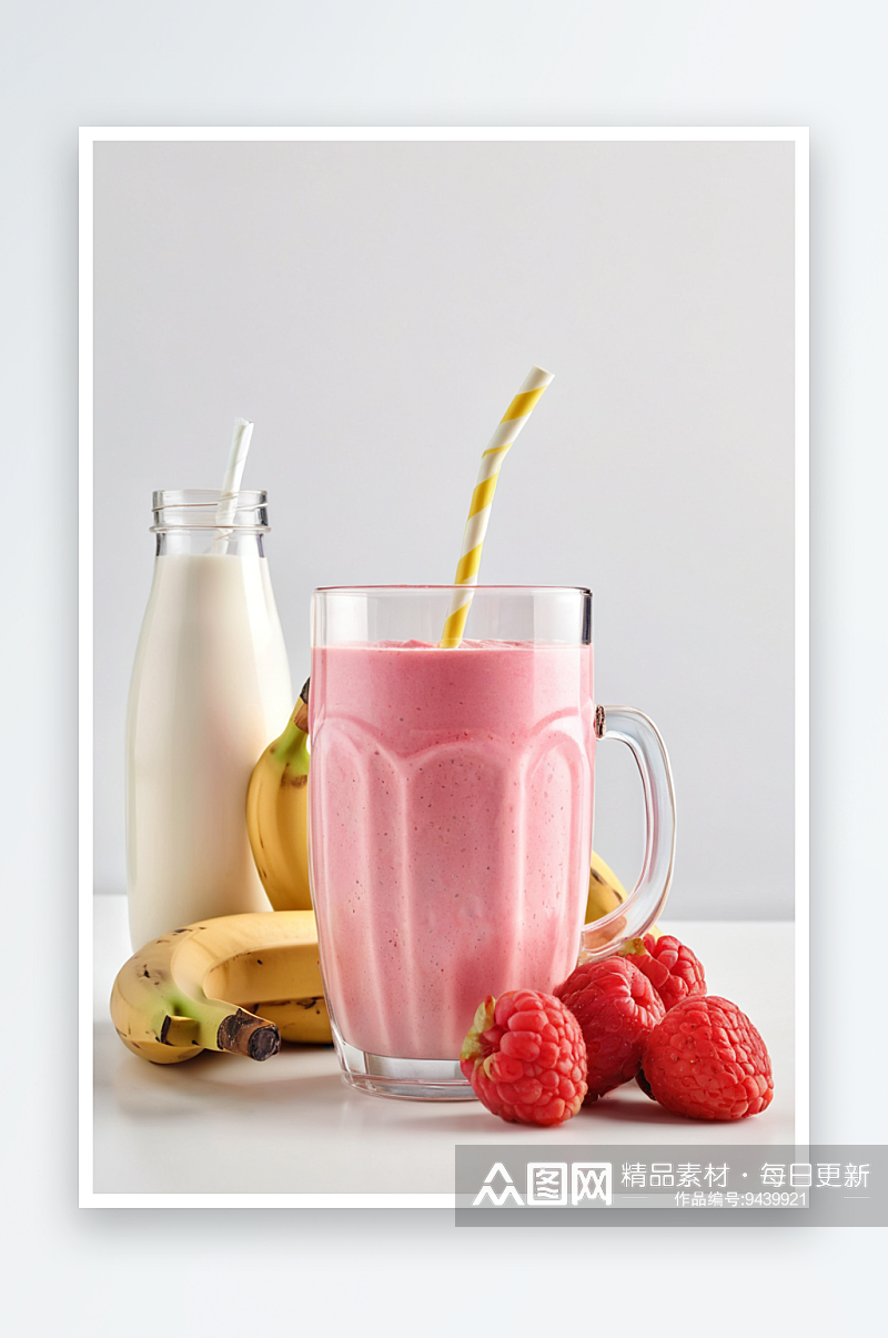 草莓香蕉奶昔用吸管装玻璃杯里新鲜水果一瓶素材