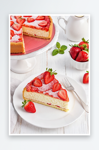草莓香草海绵蛋糕或派白色木制背景新鲜草莓
