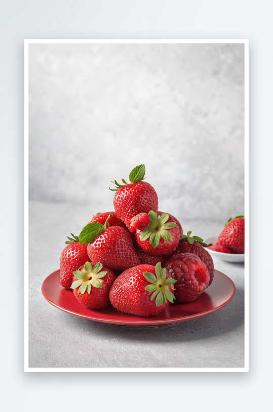 草莓鲜果盘灰色背景健康食品概念