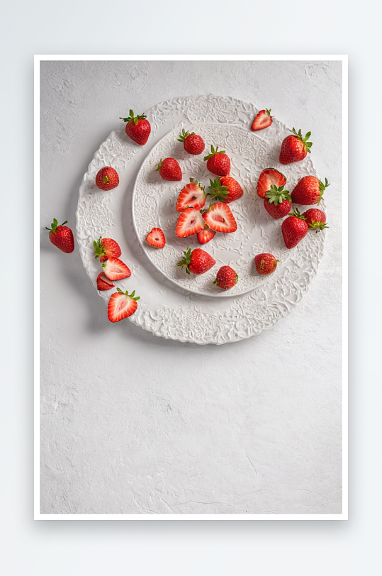草莓水果一半切白色盘子上乡村白色背景
