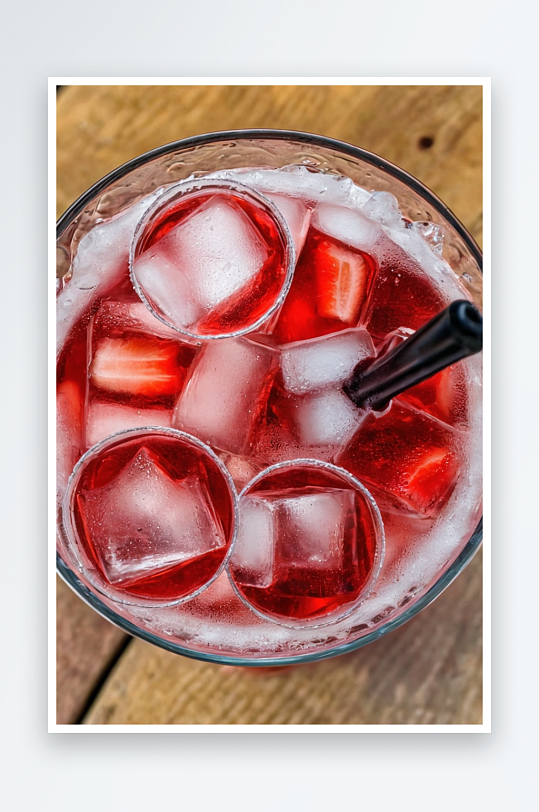 草莓软饮加冰用玻璃杯装放街边咖啡馆或餐馆