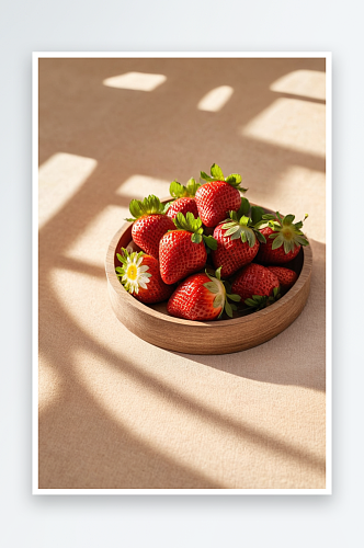 草莓盘子上棕色纹理背景与窗口阴影文本空间
