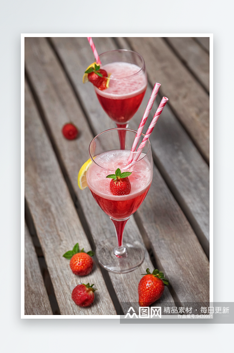 草莓柠檬水玻璃杯中与饮用吸管素材