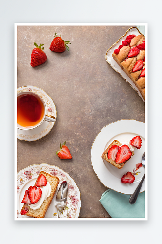 草莓奶油面包欧式下午茶甜品美食静物摄影