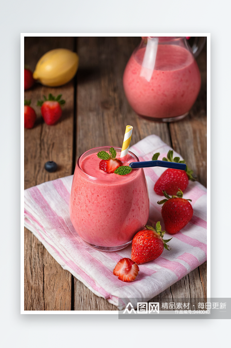 草莓奶昔健康饮食饮料排毒木质背景垂直素材