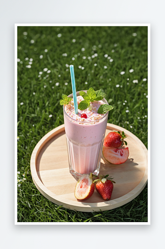 草莓奶昔高玻璃与纸吸管木托盘水果片绿色草