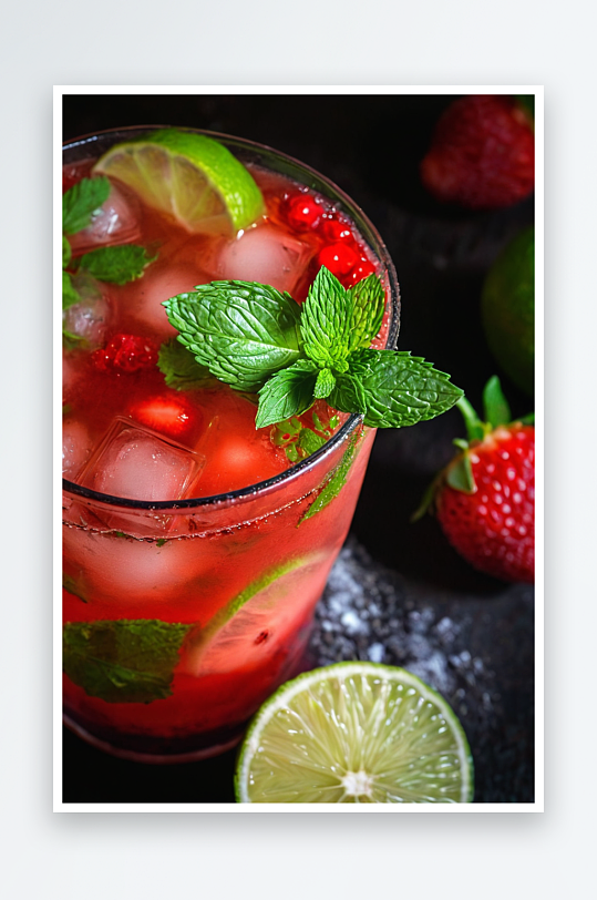草莓莫吉托清凉夏季饮料与浆果青柠斯塔夫罗