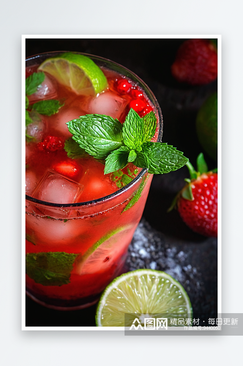 草莓莫吉托清凉夏季饮料与浆果青柠斯塔夫罗素材