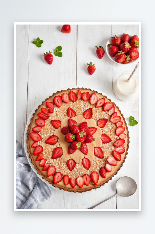 草莓海绵蛋糕或派白色木质背景新鲜草莓夏天