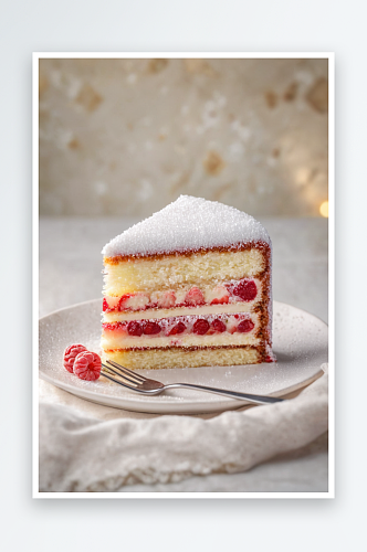 草莓蛋糕切片与白色糖衣