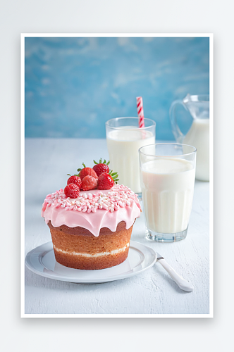 草莓蛋糕配一杯牛奶