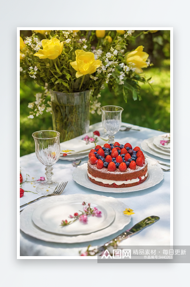 草莓蛋糕放春天装饰桌子上素材