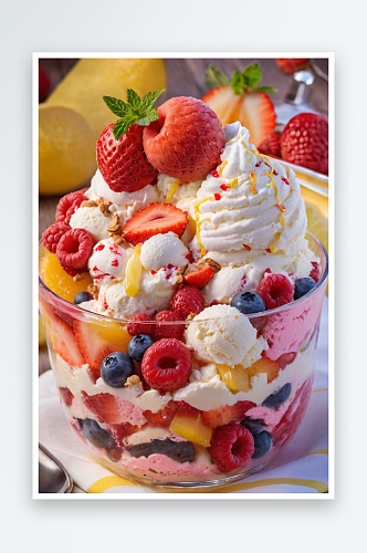 草莓蛋糕冰淇淋圣代水果沙拉柠檬水