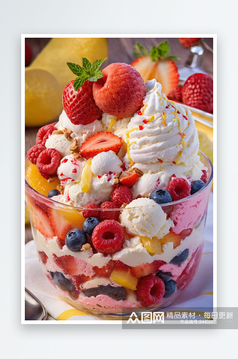 草莓蛋糕冰淇淋圣代水果沙拉柠檬水素材