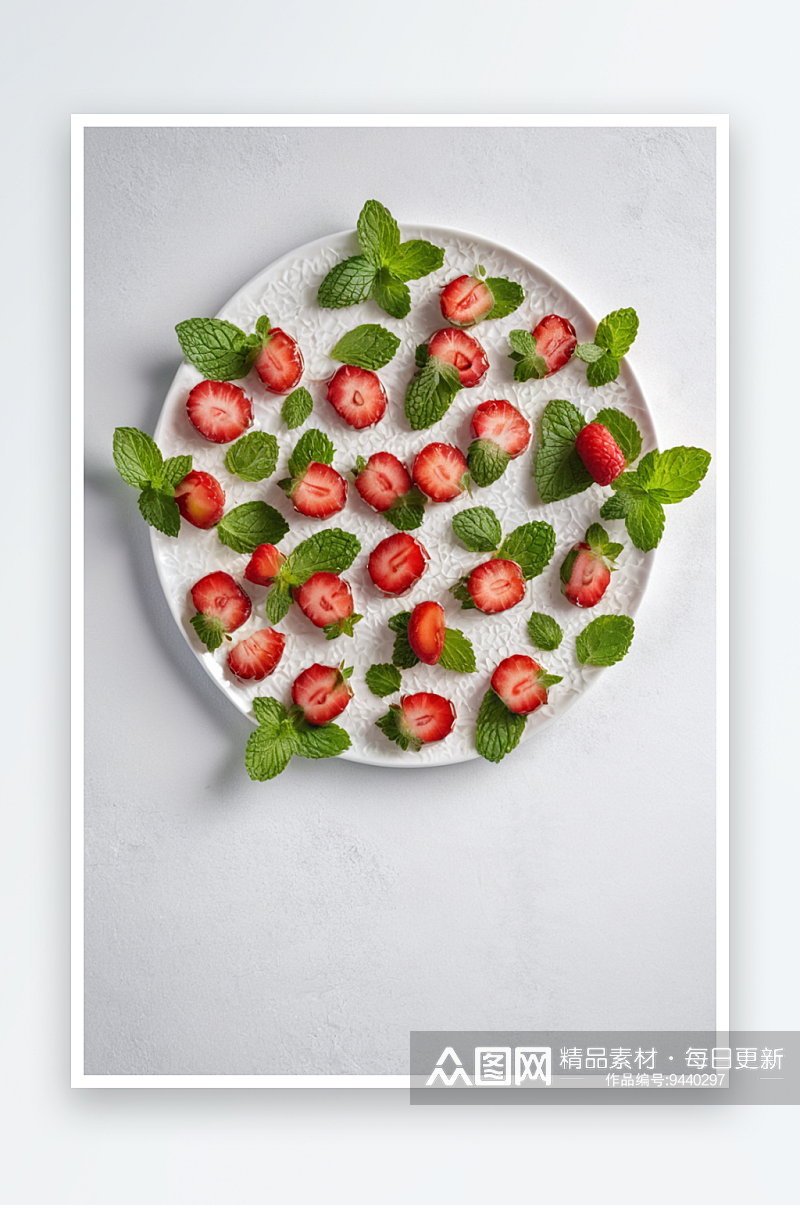 草莓薄荷叶切成一半放白色盘子上背景是纯朴素材