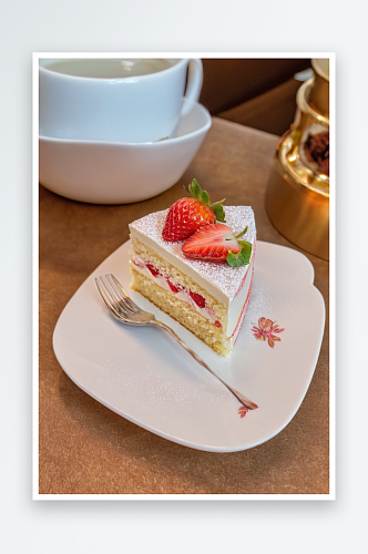 白色餐盘里切角草莓蛋糕特写下午茶甜品