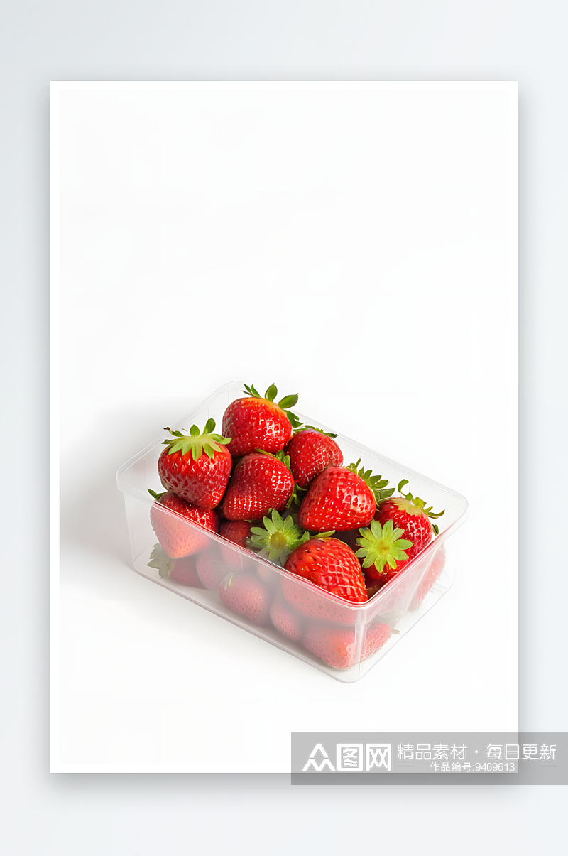 天然红色草莓装一个透明塑料盒子里素材
