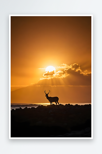 日落时一只鹿剪影雷耶斯岬海岸