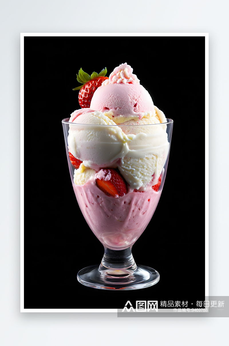 黑背景草莓酸奶冰淇淋素材