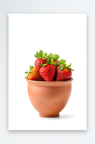 大块有机草莓放陶土陶瓷碗里白色背景上分开